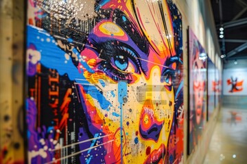 Vibrant Graffiti Artwork on Urban Wall Displaying Colorful Abstract Female Portrait in Modern...
