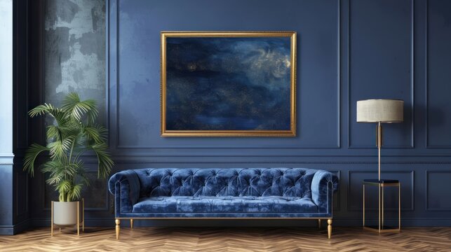 A blue couch sits in front of a framed painting of a starry night. The room is decorated in a modern style with a blue accent wall and a potted plant