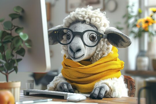 A sheep wearing glasses using computer.