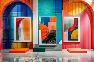 Vibrant Gallery Interior with Colorful Abstract Art Posters Displayed in Modern Exhibition Space