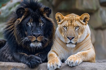 Majestic Male African Lion and Rare White Lioness Lying Together on Rocky Platform in Natural Habitat