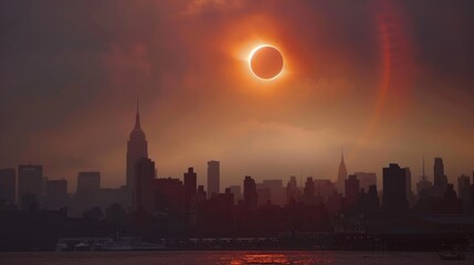 A large solar eclipse is setting over a city skyline.