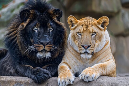 Majestic Male African Lion and Rare White Lioness Lying Together on Rocky Platform in Natural Habitat - Powered by Adobe