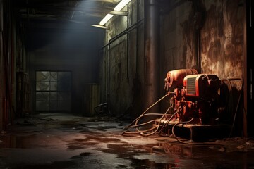 A striking image of a strobe light illuminating the gritty details of an abandoned industrial factory at night - obrazy, fototapety, plakaty