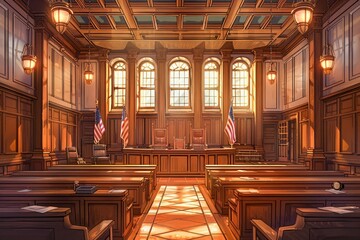 Fototapeta premium Majestic Classic Courtroom Interior with American Flags, Wooden Benches and Sunlight Streaming Through Tall Windows