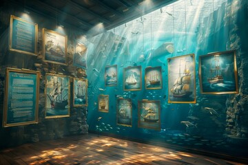 Naklejka premium Underwater Art Gallery with Sun Rays Illuminating Paintings on Ocean Floor