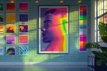 Colorful Abstract Art Exhibition in Modern Gallery Interior with Vibrant Portrait and Rainbow...