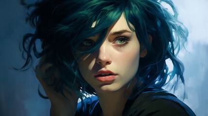 Fototapeta premium Digital painting of a woman with blue hair and green eyes. Modern digital art and character design concept. Design for art book illustration, digital art collection.