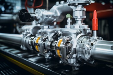 An up-close look at a hydraulic valve within an elaborate network of pipes and machines in a contemporary industrial space