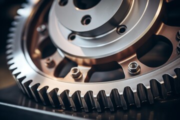The beauty of industry: A close-up shot of a gleaming drive sprocket in a factory setting - obrazy, fototapety, plakaty