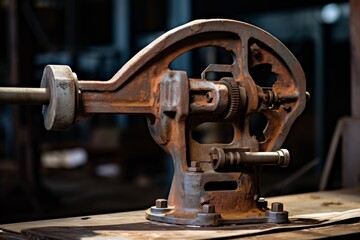 Fototapeta premium Industrial charm captured through the lens: A rusted clamp and weathered machinery components in an old factory environment