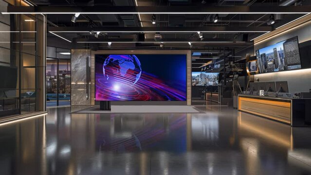 3D Virtual TV Studio News, Backdrop For TV Shows .TV On Wall.3D Virtual News Studio Background,3d illustration