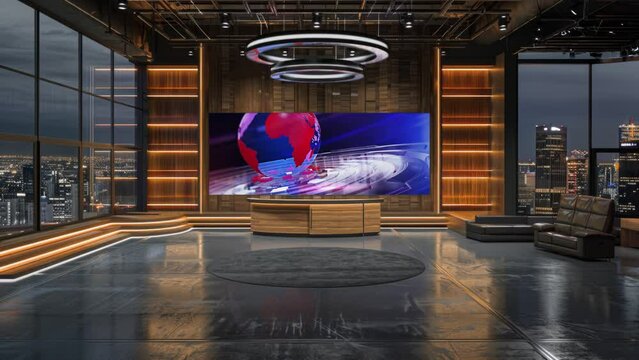 3D Virtual TV Studio News, Backdrop For TV Shows .TV On Wall.3D Virtual News Studio Background,3d illustration