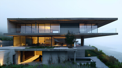 Modern Architectural Masterpiece at Dusk
. A luxurious modern home with expansive glass windows and...