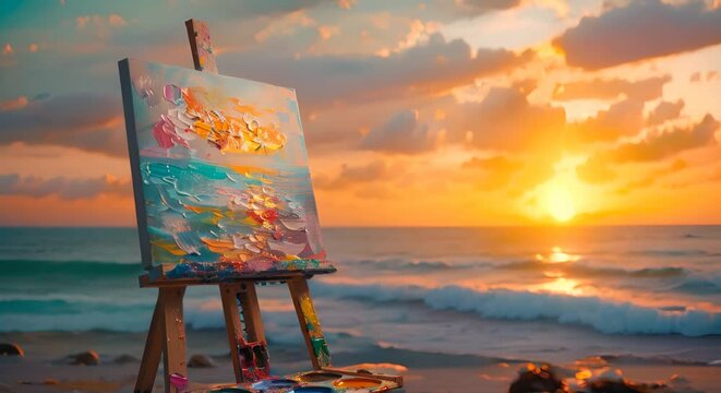 Paintbrushes and palette on easel, creative burst, sunset glow