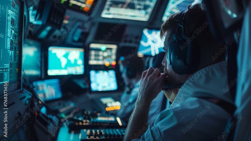 Poster inside the spacecrafts control center a team of engineers intently monitoring the solar energy level