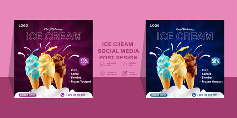 Super delicious ice cream social media banner promotional post or discount offer post design template, ice cream simple and modern creative social media post design, Delicious ice cream social media 
 - obrazy, fototapety, plakaty
