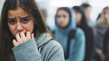 young adult woman is a student and on the way to school or university to the lecture, exam anxiety or bullying or exam stress and despair and worries and problems