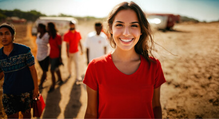 young woman in a red shirt outside on the beach in the sunshine, in the background a crowd of people as a demonstration or grouping, fictitious place and happening