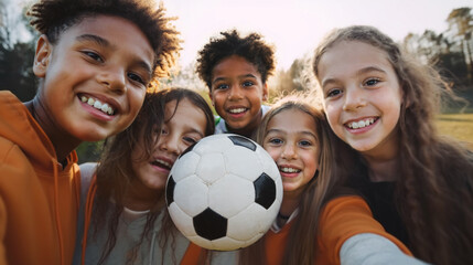 group of young children kids boys and girls or teenagers, on the sports field with a soccer ball,...