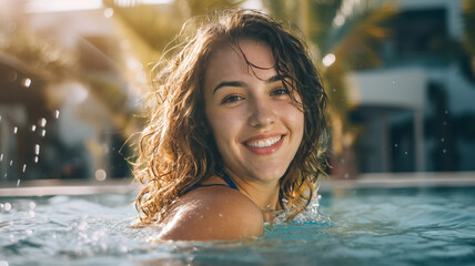 young adult woman swimming in swimming pool and splashing in water, caucasian, palm tree on background, villa or hotel or beach club, fictional location