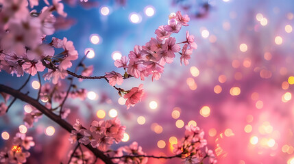 Cherry Blossoms in Full Bloom with Bokeh Light Effect at Twilight