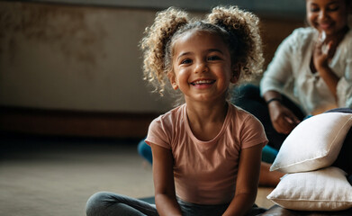a little toddler, a girl doing yoga or dance or ballet, fun and joy, a smile on the little girls...