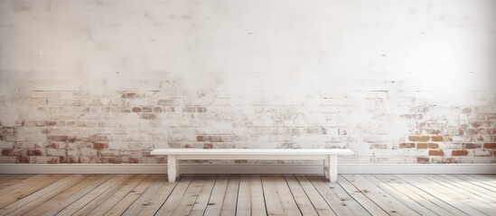 An empty room featuring a white bench made of hardwood planks, placed in front of a brick wall. The flooring is composed of composite materials, creating a monochrome horizon within the building - obrazy, fototapety, plakaty