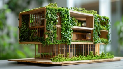 Architectural model of a modern green building showcases innovative and sustainable design elements, emphasizing the importance of eco-friendly construction in the urban landscape