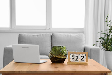 Interior of living room with comfortable sofa, houseplant and table with laptop