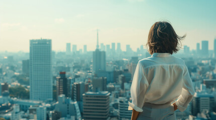 A beautiful Asian woman wearing a white shirt smiling while looking at the cityscape.