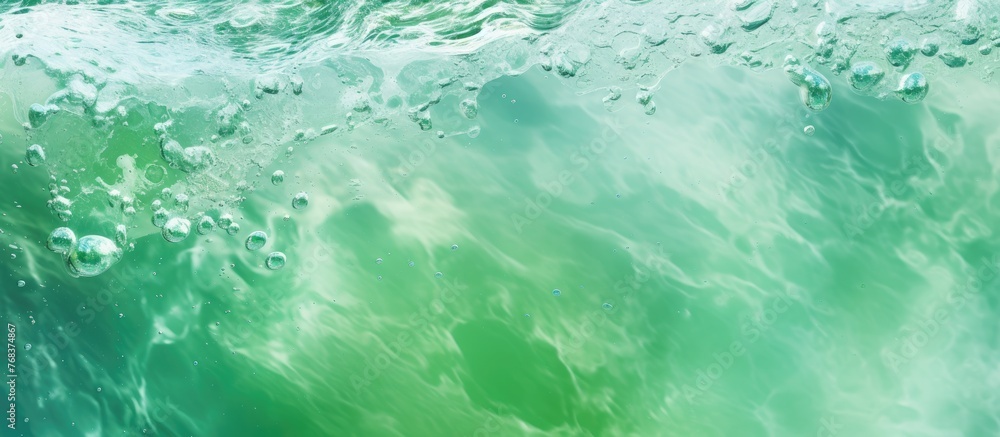 Poster a close up of a liquid green wave in the ocean, created by the wind. the fluid pattern resembles a c