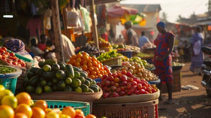 A vibrant street market filled with local produce with vendors proudly displaying their solarpowered stalls and energyefficient refrigeration . AI generation. - obrazy, fototapety, plakaty