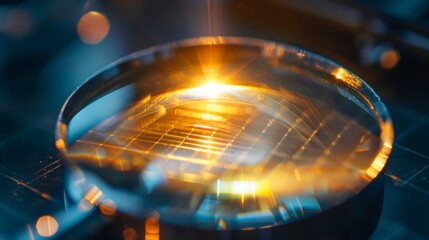 A closeup of a magnifying glass focusing the suns rays onto a small solar cell and producing a tiny amount of electricity. . AI generation.