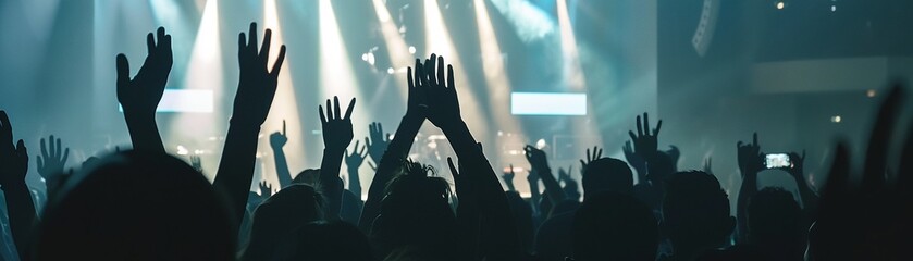Fans with hands up, blurred stage backdrop, candid energy , professional color grading