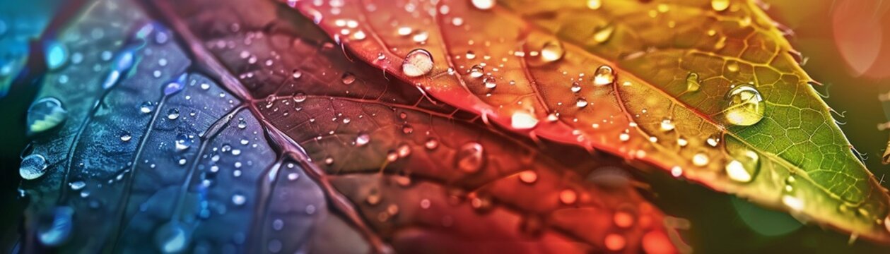 Dewy leaves spectrum, closeup, morning light rainbow , 8K resolution