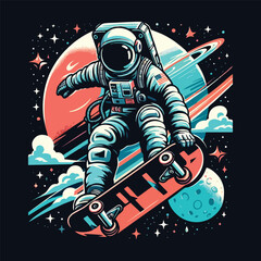 illustration of astronaut playing skateboard in space flat art vector design for tshirt, poster, banner and more © Ranadhie