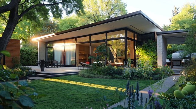 Modern suburban home, lush garden, eyelevel view, clear daylight , clean sharp focus