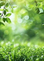 Spring background with green leaves and grass, nature concept