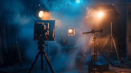 Cinematic Studio Setup with Dramatic Lighting and Smoky Atmosphere for Professional Photography or Videography Production