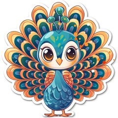 Fototapeta premium Adorable cute peacock sticker in cartoon vector style illustration