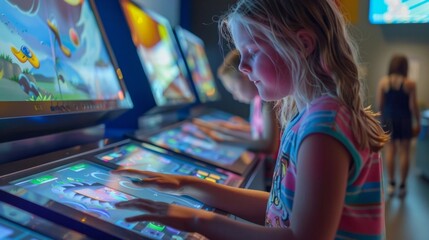 The Solar Power 101 exhibit features a series of interactive games and videos teaching visitors of all ages about the science and . AI generation.