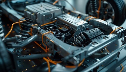 Close-up reveals electric vehicle's powertrain with battery and motor layout in focus - obrazy, fototapety, plakaty