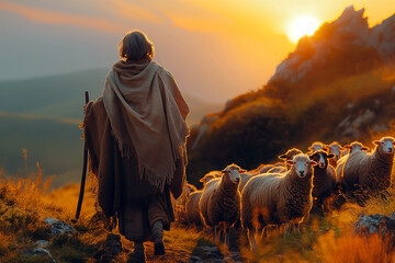 A shepherd in a cloak walks with his sheep against a backdrop of mountains under a sunrise sky,...