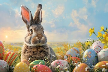 Colorful Easter bunny surrounded by Easter eggs with a scenic background. Concept Easter Bunny Photoshoot, Egg Hunt, Spring Portraits, Scenic NatureBackdrop