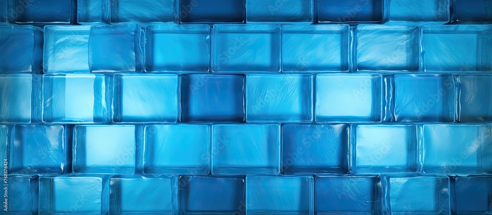 Poster an intricate pattern of aqua and electric blue rectangles arranged in perfect symmetry on a brick wa