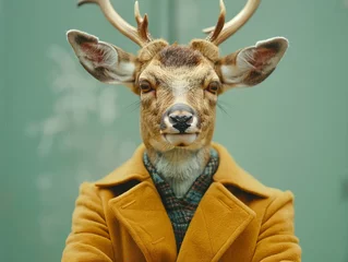 Möbelaufkleber Photography A human size deer in a trendy vintage hipster Winter sweatshirt Abstract, minimal portrait of a wild animal dressed up as a man  © BOMB8