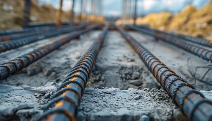 A macro shot captures the strength and structure of steel rebar being laid in a foundation during construction