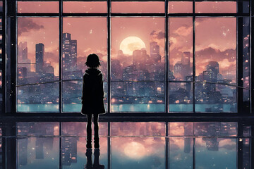 Fototapeta na wymiar Nighttime reflections lofi manga wallpaper features a person in front of a metropolis and a sad yet lovely scene with a cityscape.