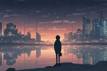 Nighttime reflections lofi manga wallpaper features a person in front of a metropolis and a sad yet lovely scene with a cityscape. - obrazy, fototapety, plakaty